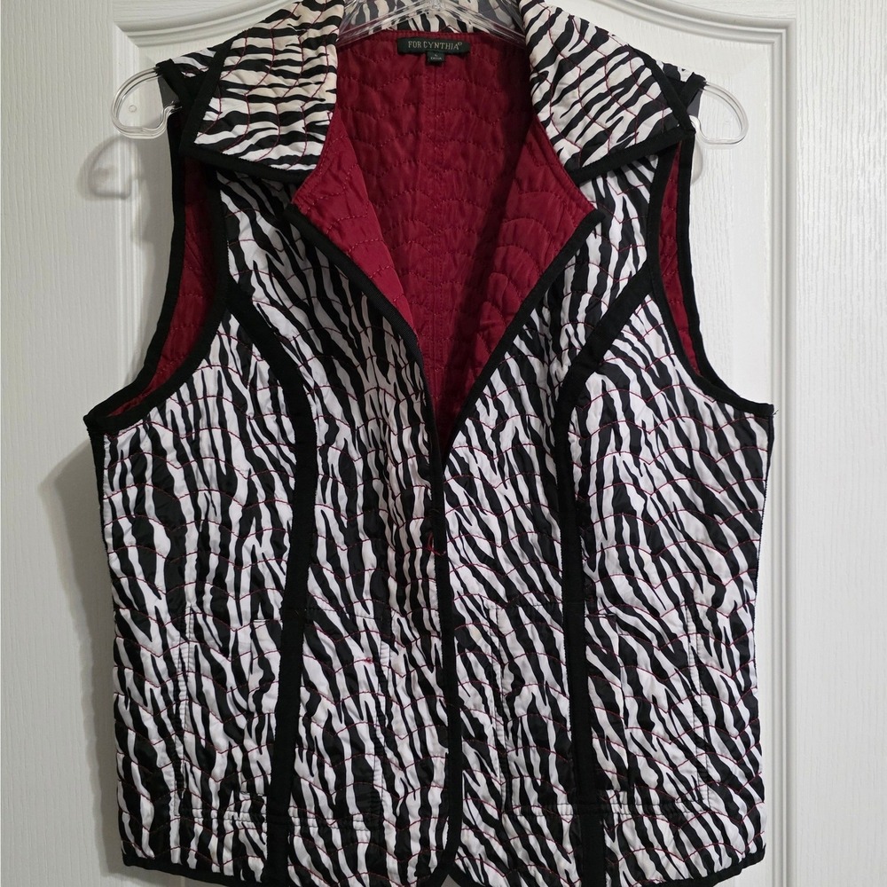 For Cynthia Zebra Print Reversible Quilted Vest Womens Large Red Black White